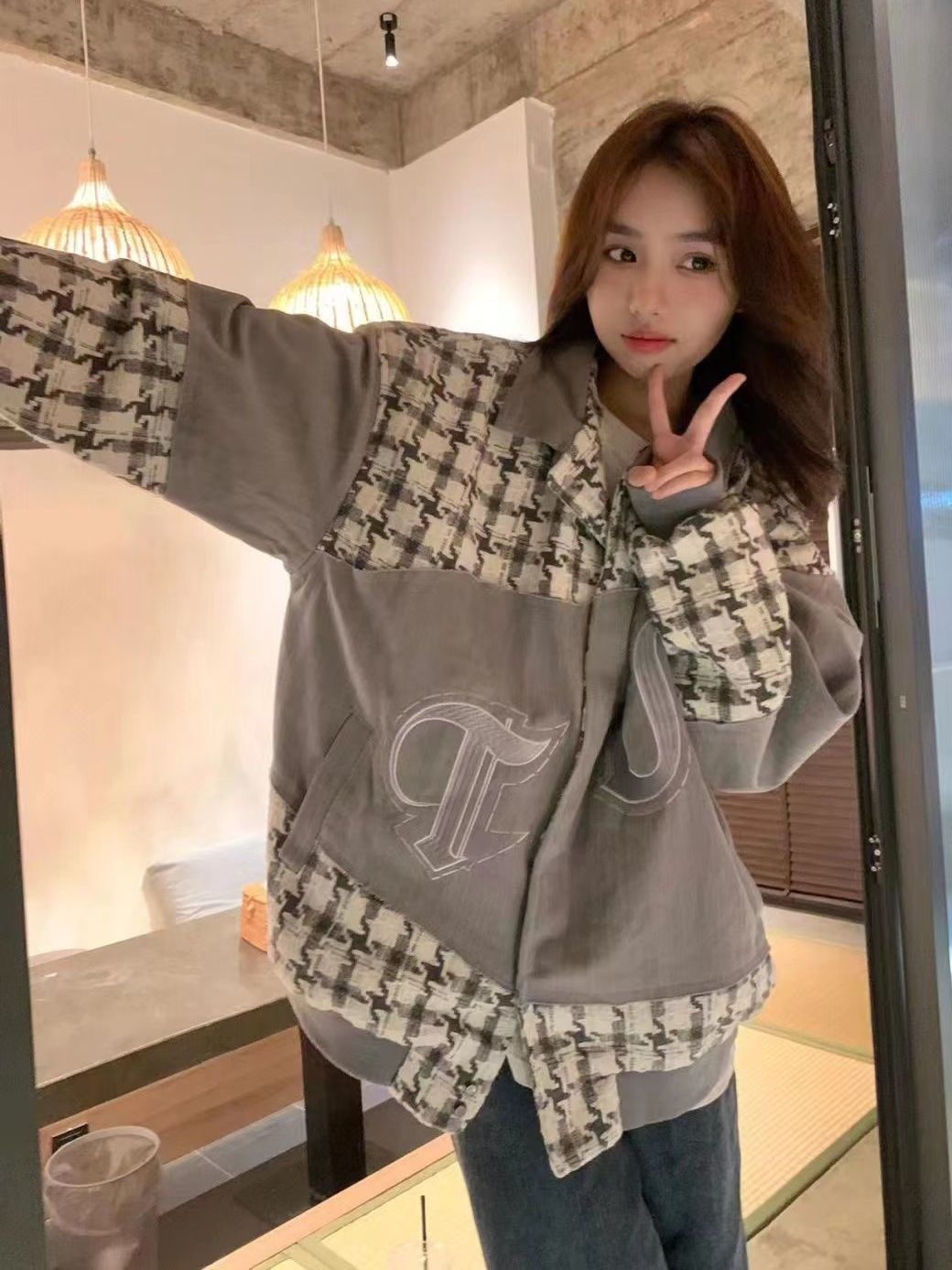 Korean version of pink houndstooth splicing small fragrant wind jacket female ins spring and autumn new student tooling jacket top tide