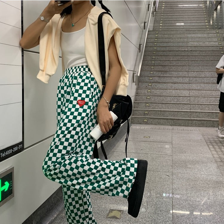 Black and white plaid casual pants women's  summer new loose Korean version straight wide-leg pants drawstring trousers women