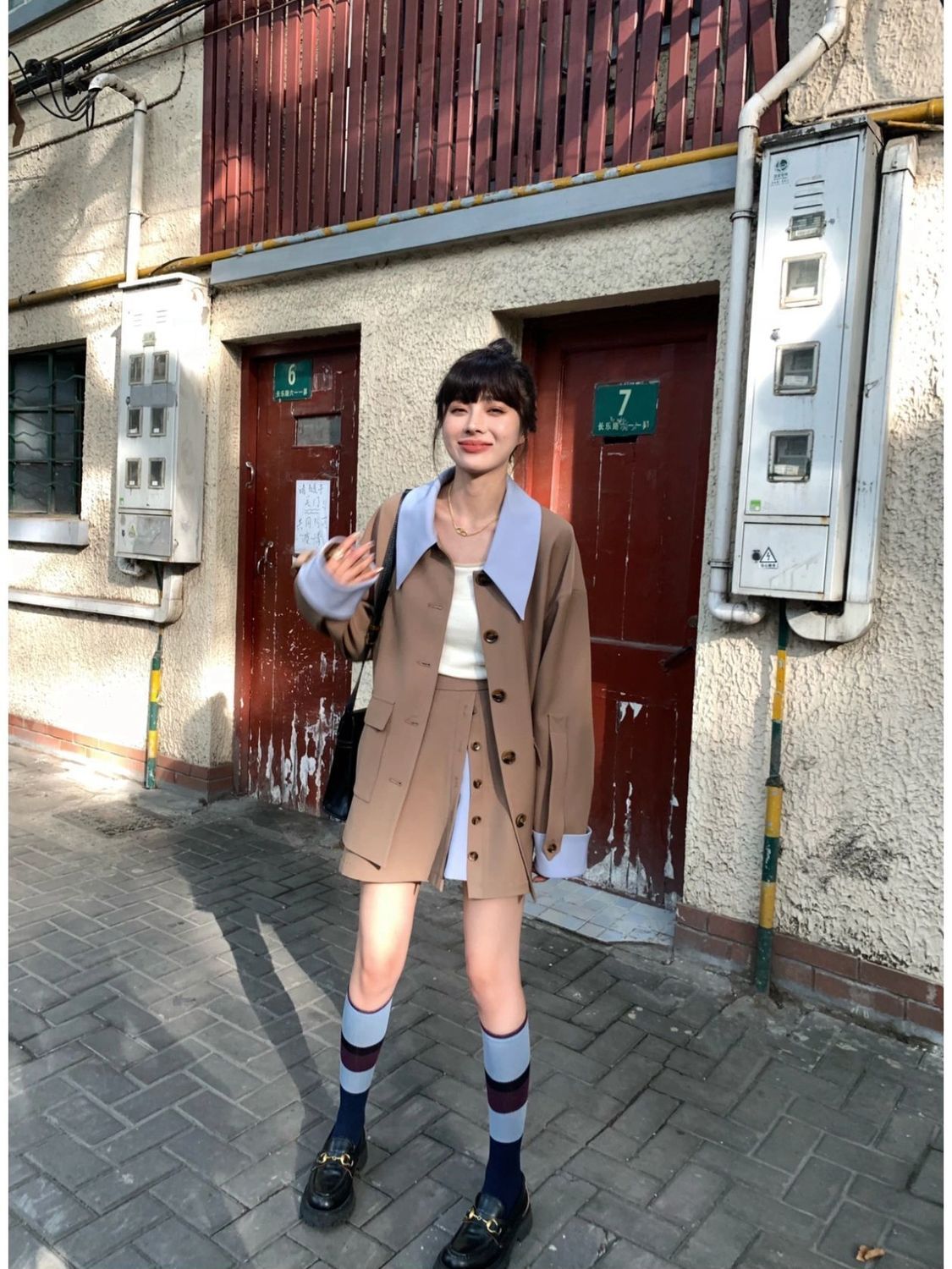 兩件套裝春秋季時尚甜酷炫風寬鬆上衣西裝外套女不規則半身裙子潮