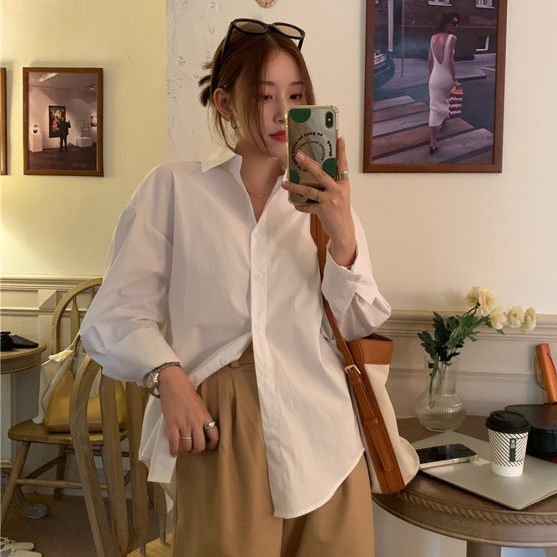 秋季女裝港風白色襯衫女長袖外穿寬鬆百搭韓版學生襯衣上衣洋氣