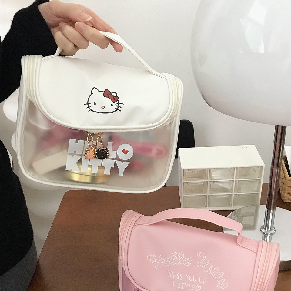 ins夏季kitty貓化妝收納包大容量可透視便攜旅行手提包防水洗漱包