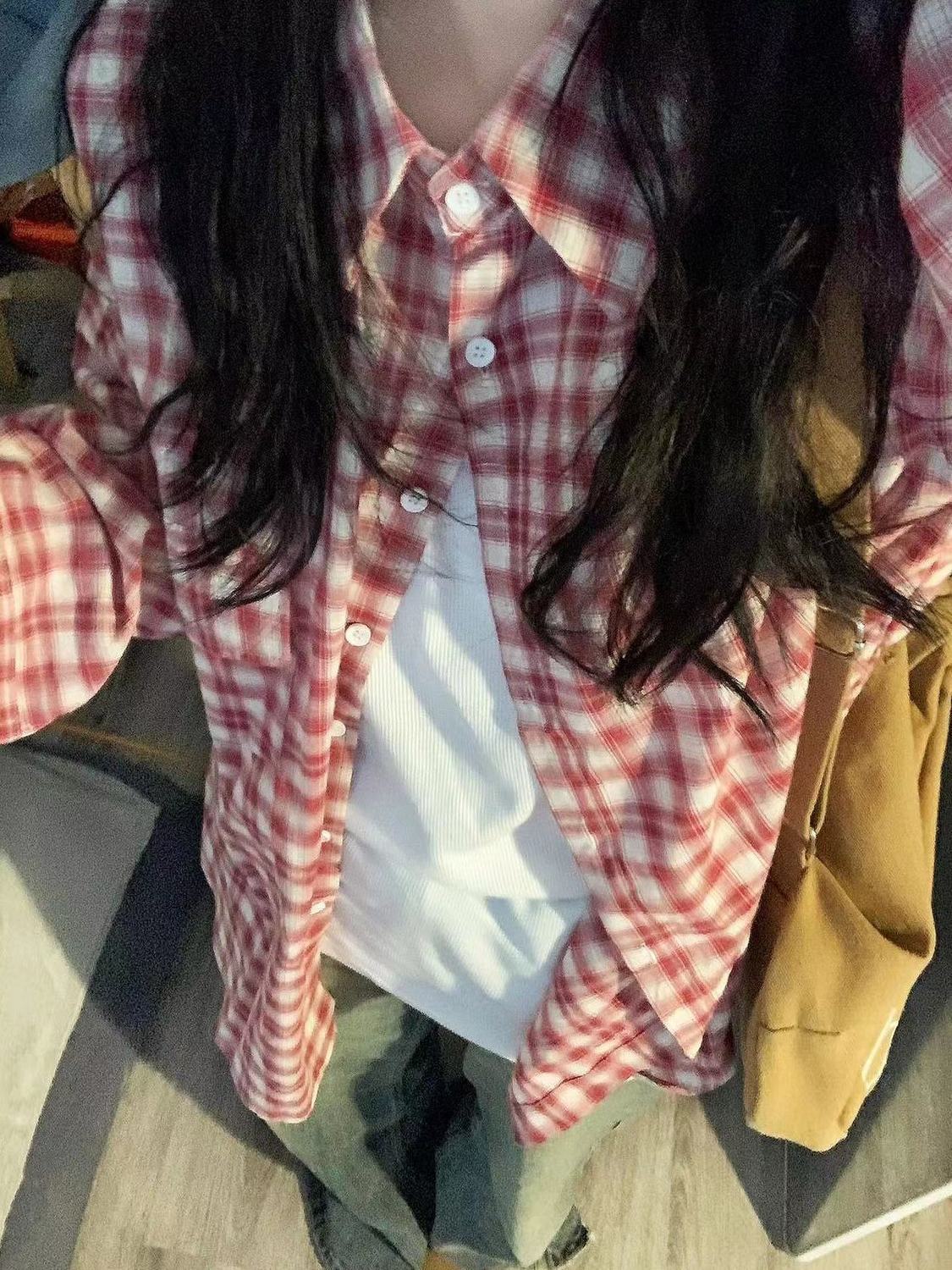 2023新款森系復古紅色格紋襯衫女小眾設計感寬鬆百搭顯瘦襯衣外穿