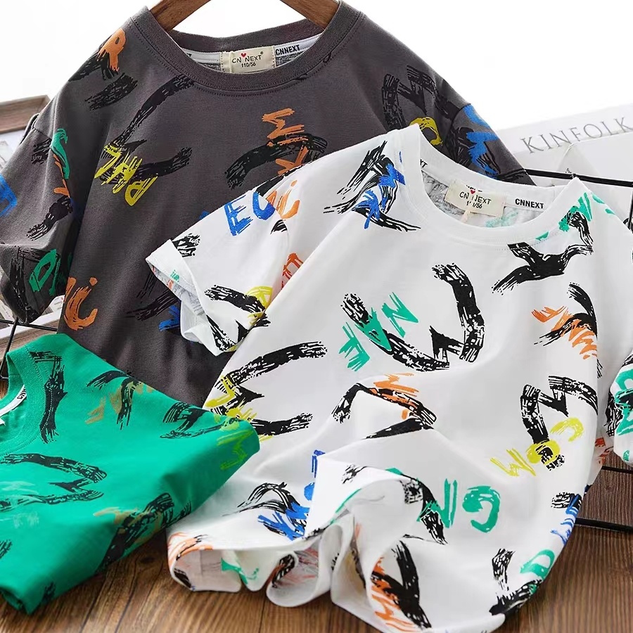 Children's full printed round neck short-sleeved T-shirt summer boys' street half-sleeved tops summer 2023 new style for middle and large children