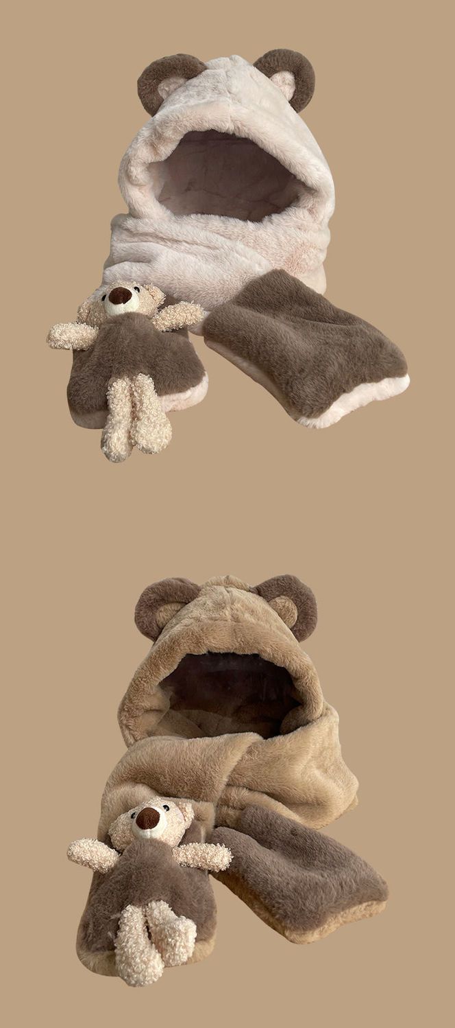Little Bear Children's Winter Fury Scarf Set of Three in One, Cold and Warm, Thickened Neck, One Piece Hat_voghion.com