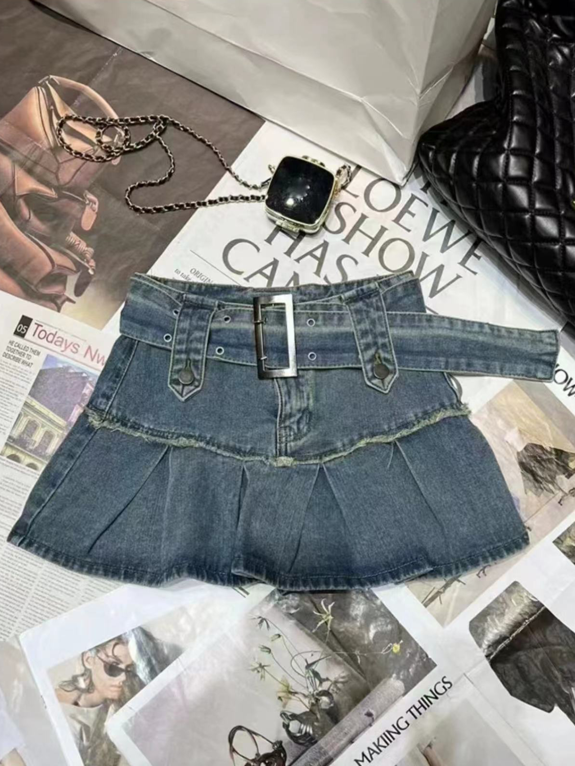 美式復古雙腰頭牛仔半身裙女夏季新款大碼胖mm辣妹防走光百褶裙潮