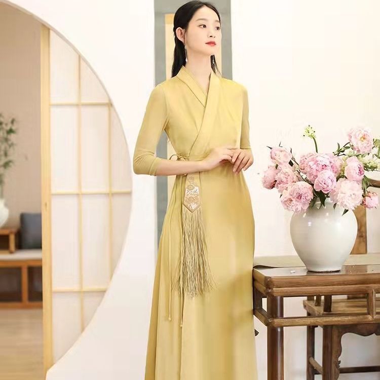 New Chinese style cheongsam dress Chinese style retro embroidery self-cultivation improved Hanfu dress chiffon long skirt for women