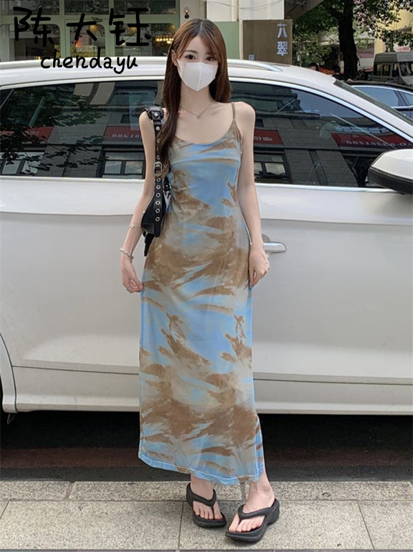 陳大鈺法式復古扎染網紗連衣裙新款開叉長裙子修身吊帶包臀裙辣妹