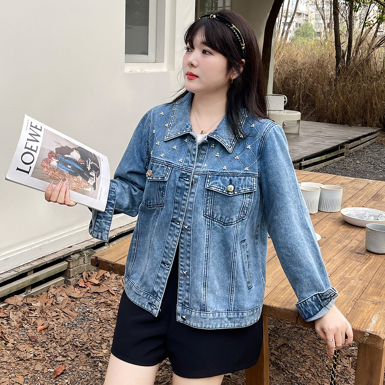 Fat mm large size women's short denim jacket autumn new style thin cover belly heavy industry beaded foreign style denim jacket