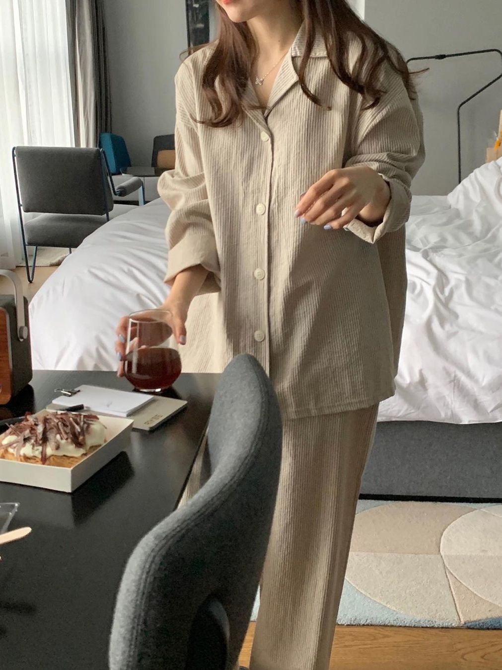 French ins simple striped pajamas women's spring, autumn and winter new simple long-sleeved students can wear home service suits