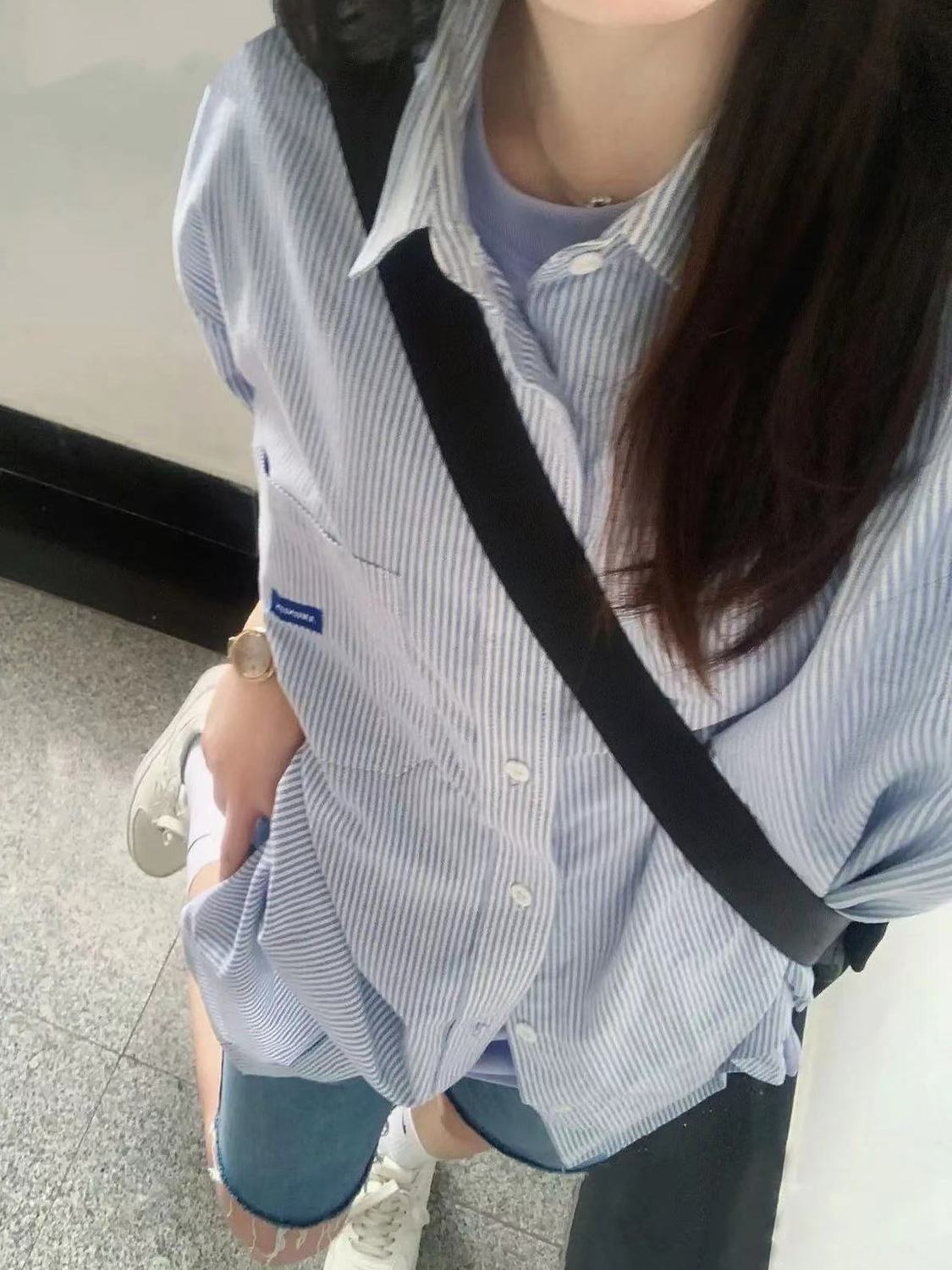 夏季條紋襯衫短袖女港味復古高級寬鬆百搭polo領襯衣外搭顯瘦上衣