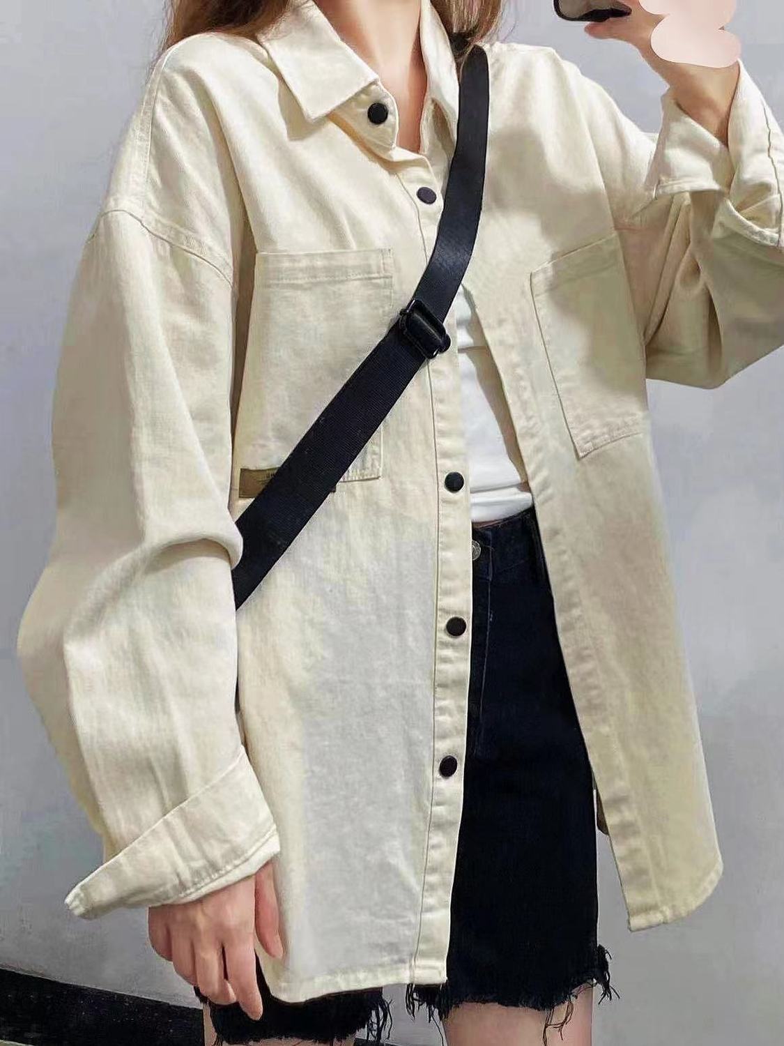 2023新款港味chic貼標米杏色純棉襯衫外套女寬鬆百搭顯瘦情侶襯衣