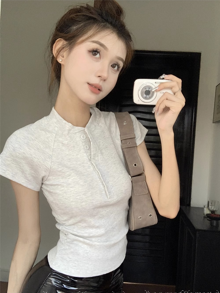 甜辣妹純棉紐扣短袖T恤女夏季設計感小眾氣質溫柔內搭短款上衣潮