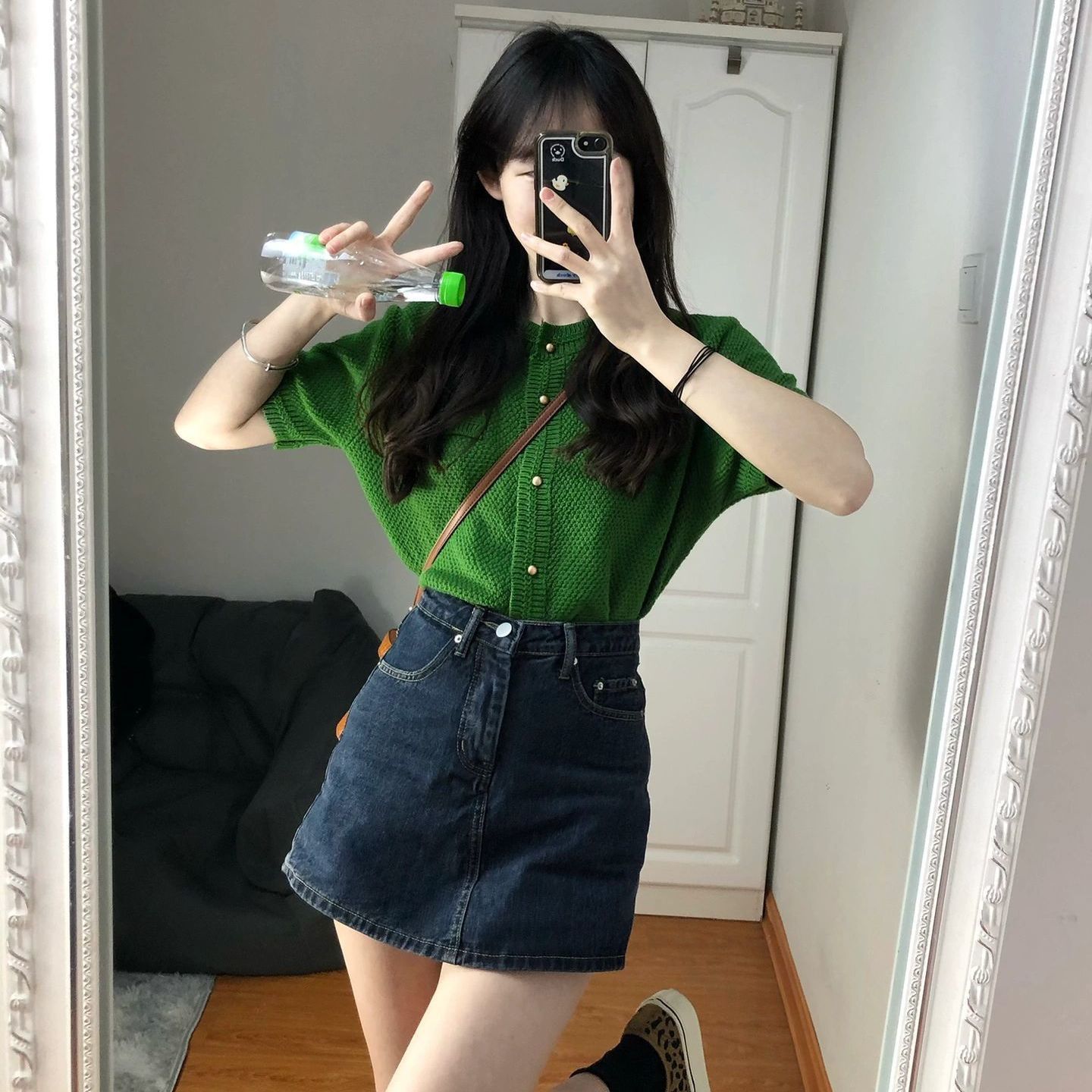 Two-piece suit/one-piece summer style light familiar style knitted cardigan short-sleeved top women's high waist denim A-line skirt