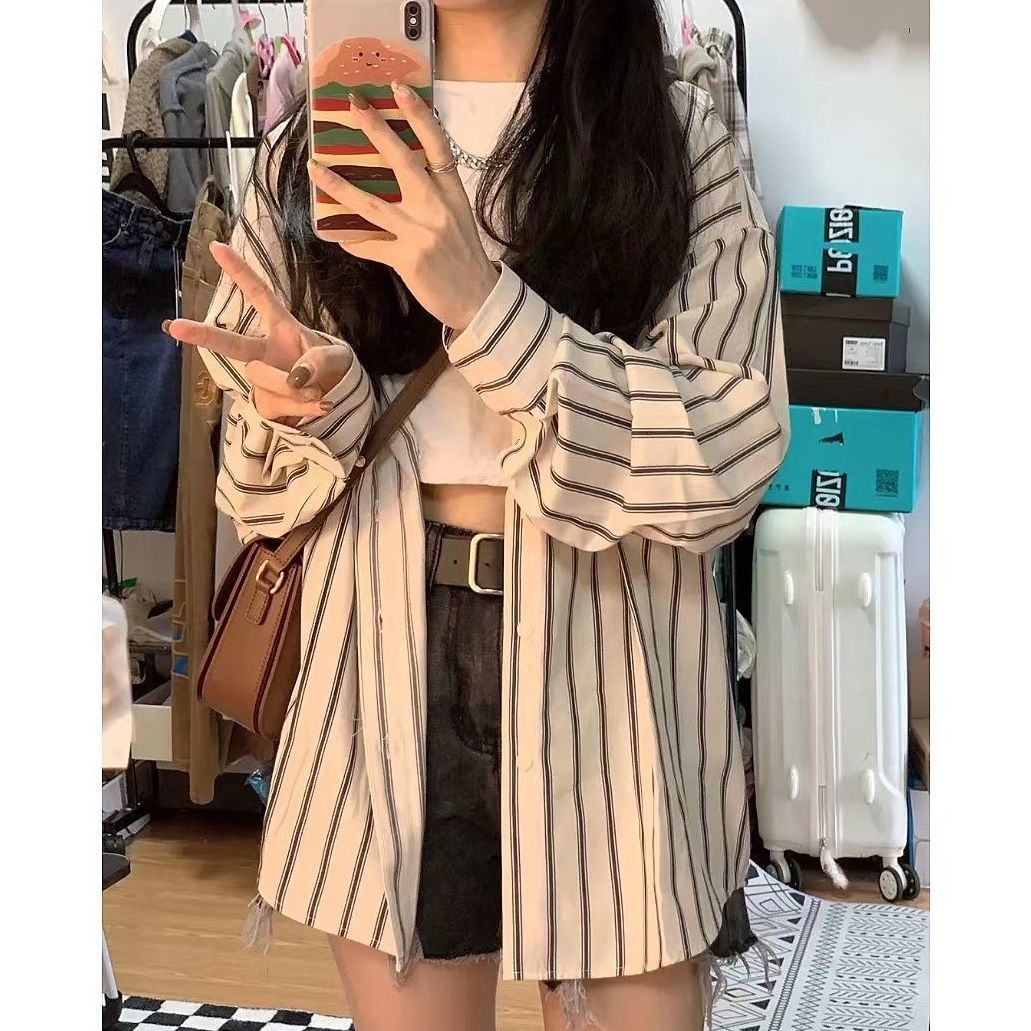 日系條紋襯衫女2022夏季薄款防曬衣學生上衣學院風鹽系襯衣外套潮