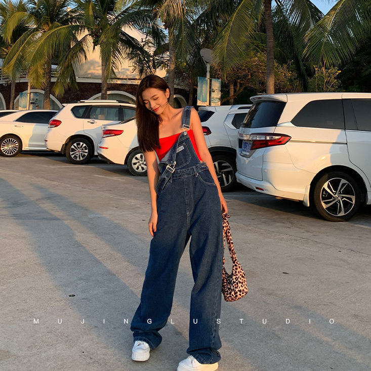 Pink black blue denim overalls new Korean version of age-reducing personality loose straight one-piece floor mopping wide-leg trousers