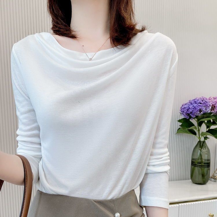 Spring and autumn new bottoming shirt foreign style piled collar long-sleeved T-shirt women's all-match solid color fashion temperament middle-aged top