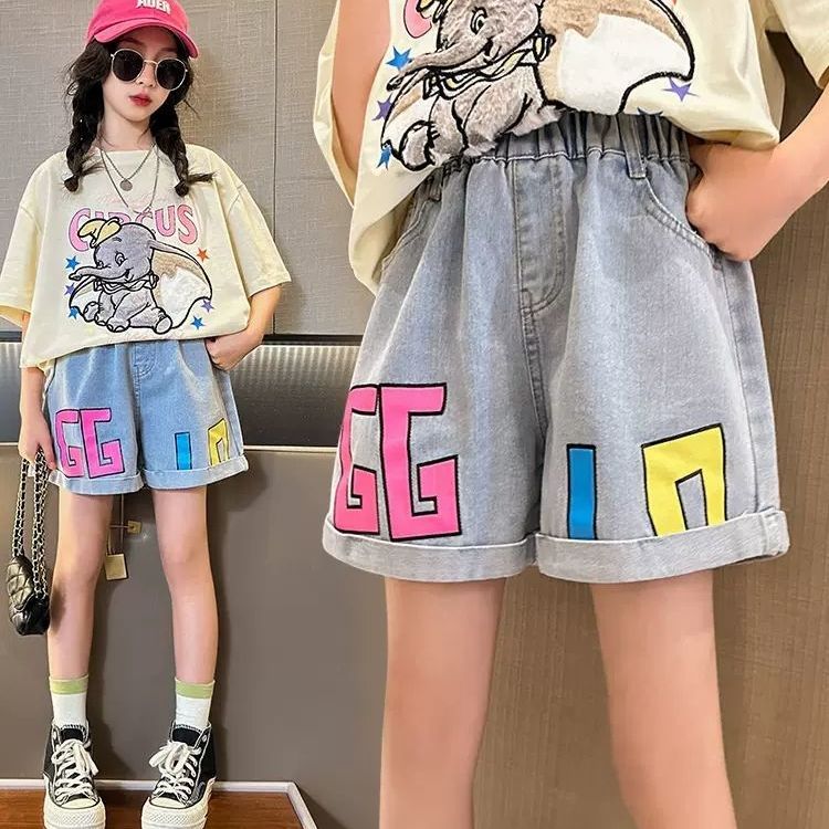 中大童女童牛仔短褲ins學生百搭寬鬆大版甜美淑女字母夏季熱褲