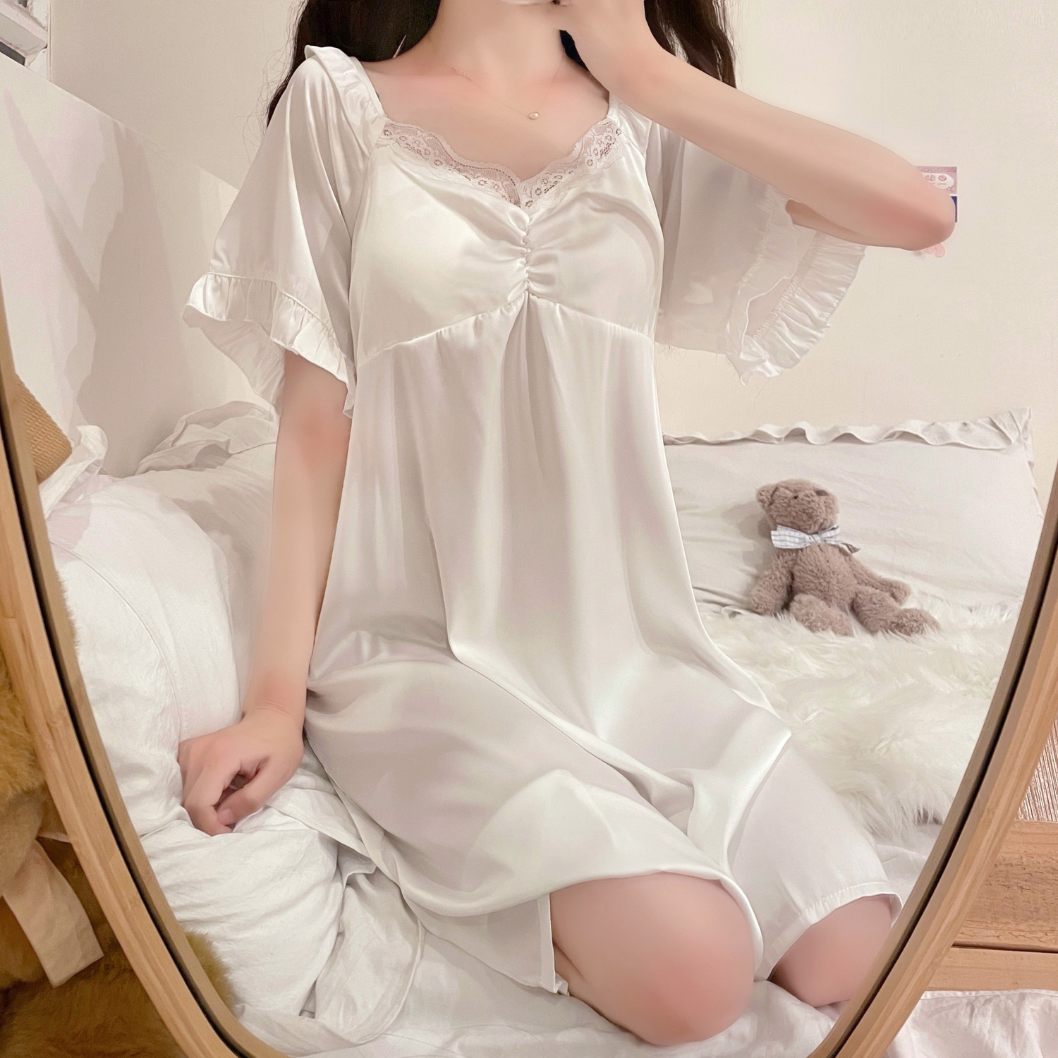 Cute lace edge square collar short-sleeved dress nightdress female summer sexy pure desire ins wind ice ribbon chest pad home service