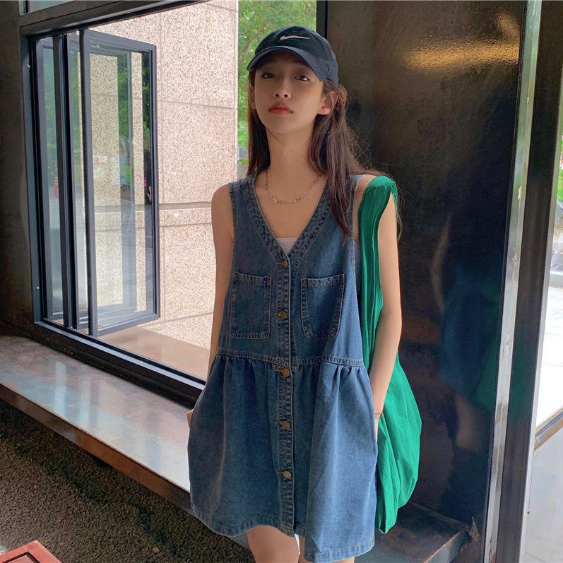 Careful machine denim dress women's spring and summer new small sleeveless tank top skirt loose and slim two-piece set strap skirt