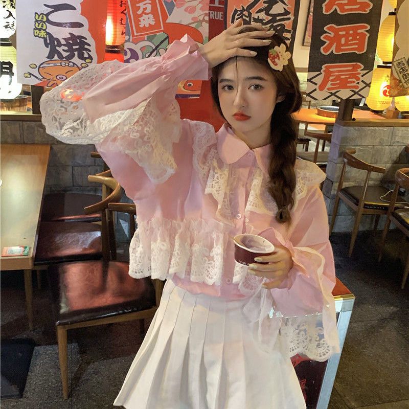 韓系少女春季2023復古甜美蕾絲花邊拼接寬鬆娃娃襯衫+百褶裙套裝