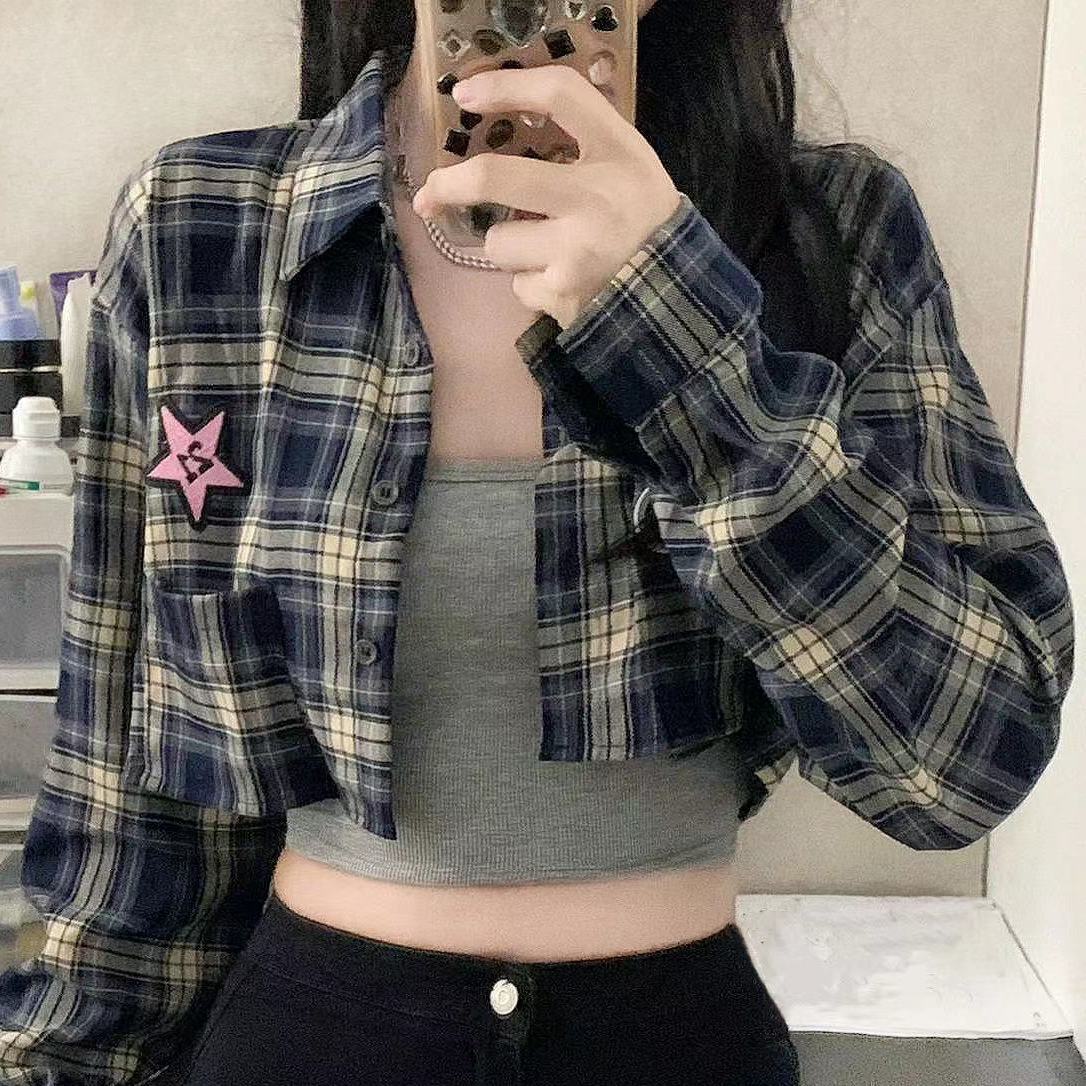 2023夏季新款美式復古辣妹短款襯衫女韓版設計感刺繡格子襯衣外穿