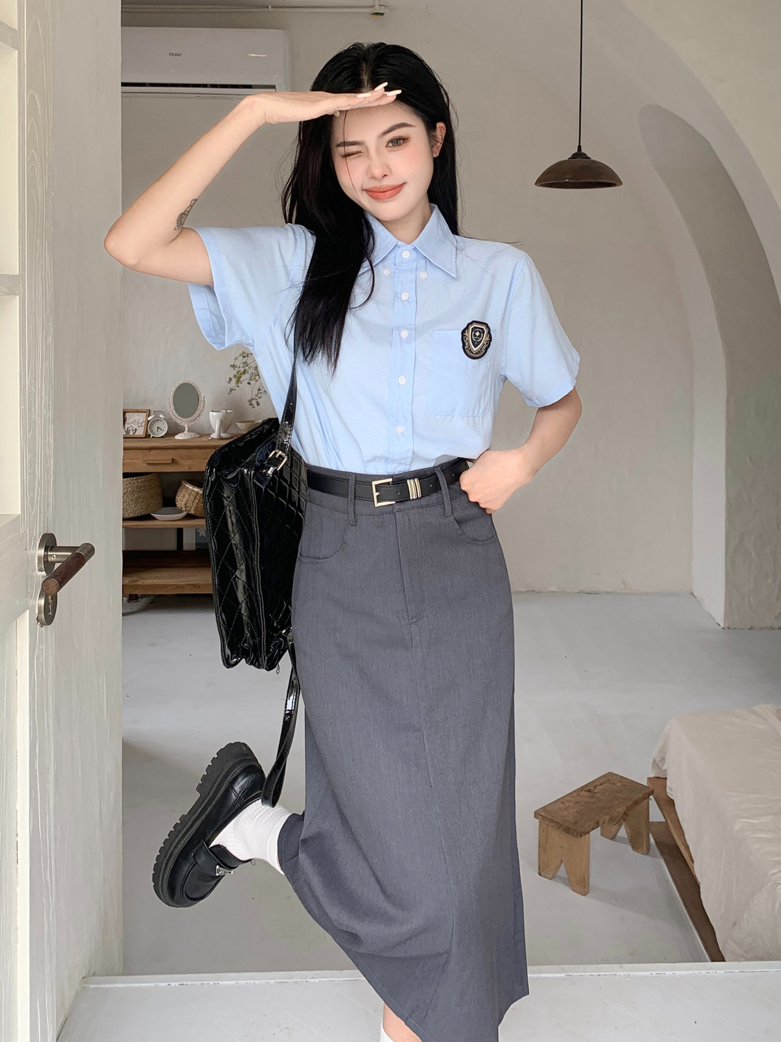 大碼胖MM女裝夏季2023新款學院風藍色襯衫西裝高腰半身裙子兩件套