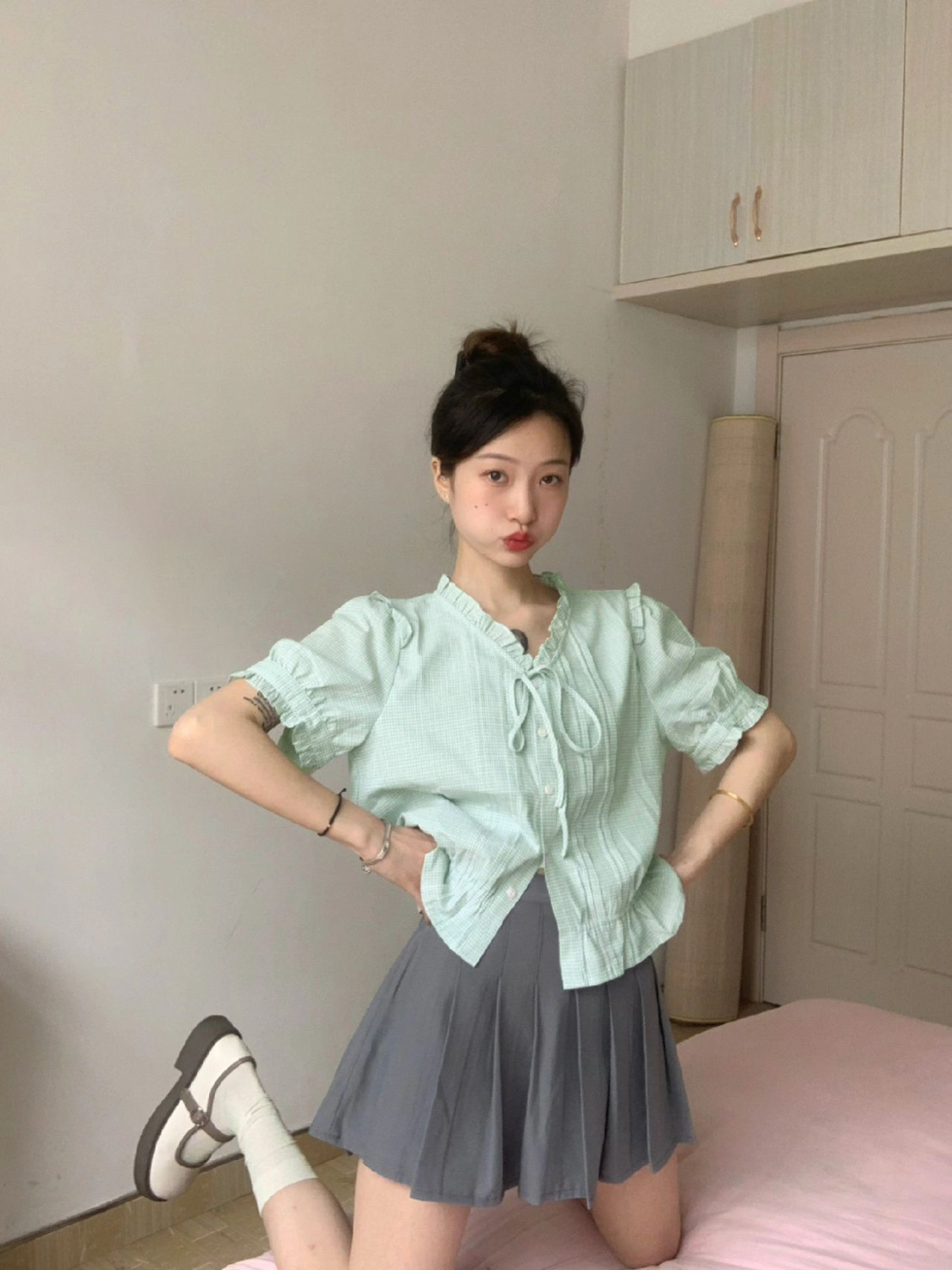 兩件套裝女夏季日系甜美學院風v領襯衣搭配高腰顯瘦百褶ins潮小眾