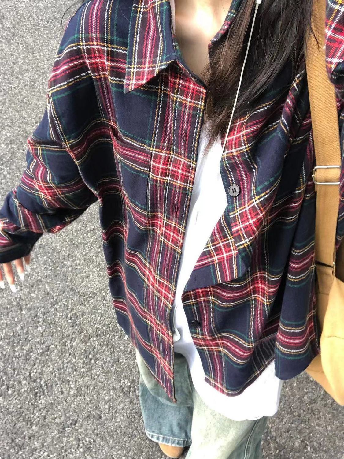 2023新款日雜風疊穿復古紅色格子襯衫女寬鬆休閒百搭長袖襯衣外穿