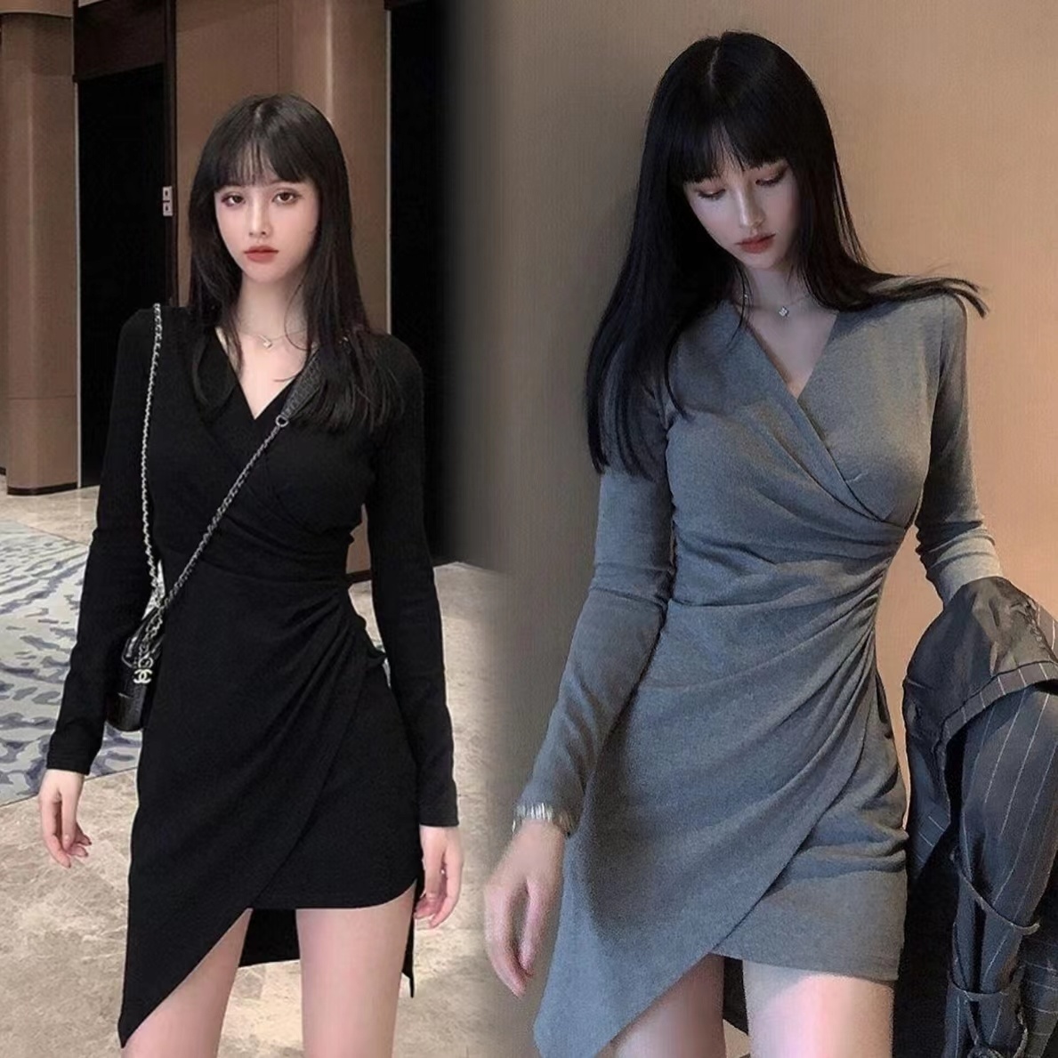 氣質純欲性感緊身包臀裙女春裝V領辣妹修身不規則長袖打底連衣裙
