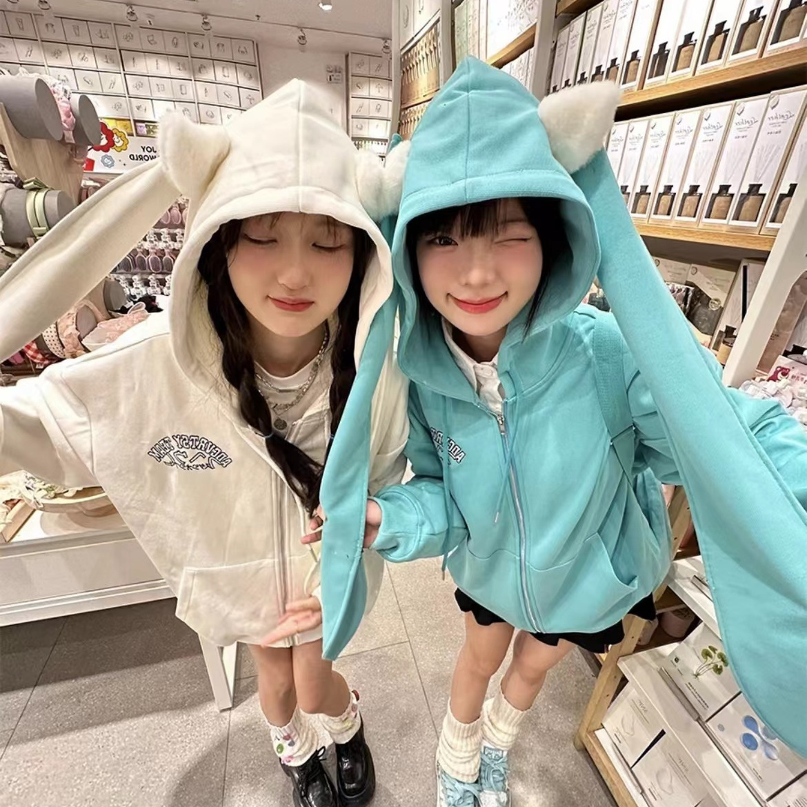 日系初音未來長兔耳朵連帽開衫衛衣秋季甜美學院風百搭bf外套上衣