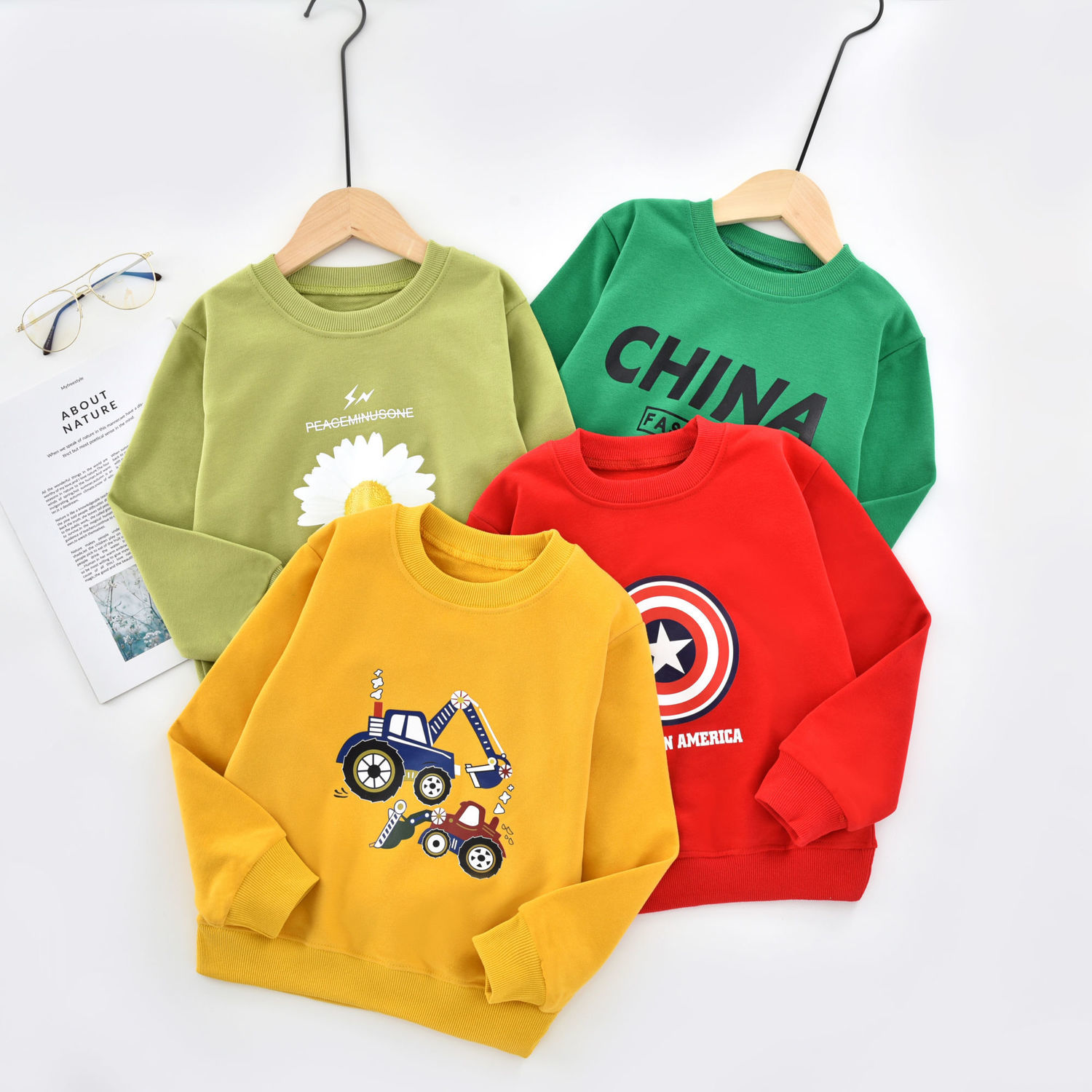 Boys' pure cotton sweatshirt spring and autumn new medium and large children's cartoon pullover bottoming shirt top girls long-sleeved T-shirt