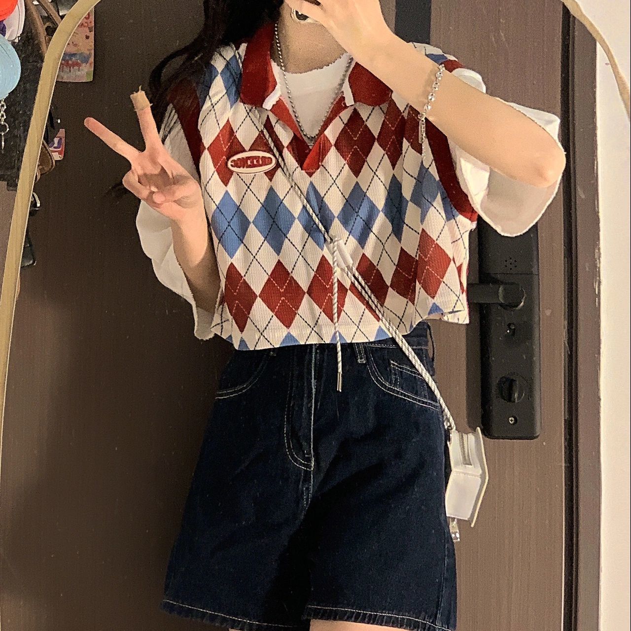 Three-piece suit/one-piece summer academic style Lingge vest nifty short sleeve T-shirt top denim shorts