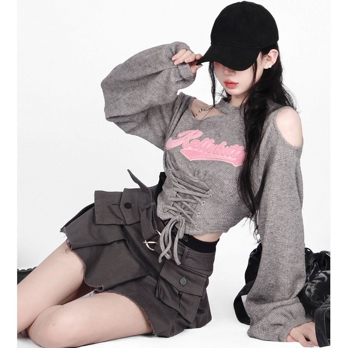 Waffle off-the-shoulder sweet and spicy girdle ant waist straps short all-match early autumn Korean version pure desire long-sleeved sweater women's fashion