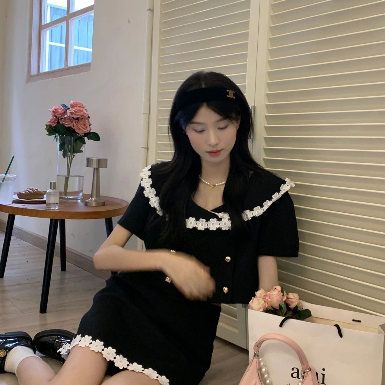 兩件套裝甜美辣妹夏季新款襯衫娃娃領短袖上衣女黑色A字半身裙子