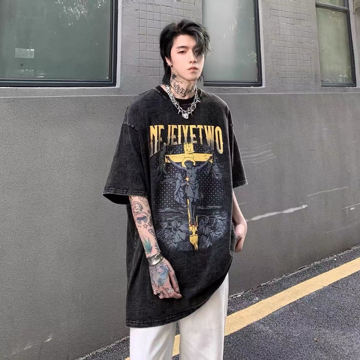 100%純棉美式復古做舊水洗十字架休閒短袖t恤男女情侶寬鬆百搭ins