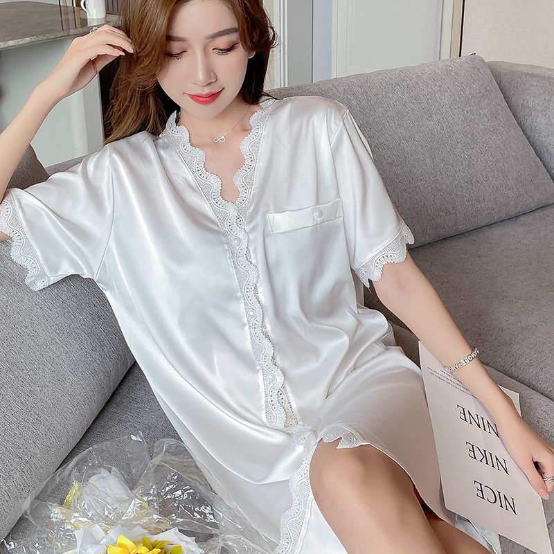 Ice silk sexy nightdress women's short-sleeved summer  new solid color sweet loose temptation home service pajamas