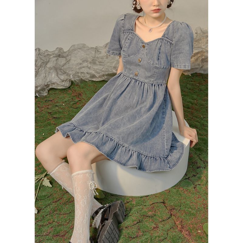  chic niche denim dress retro square collar vintage vintage skirt sweet short-sleeved princess skirt