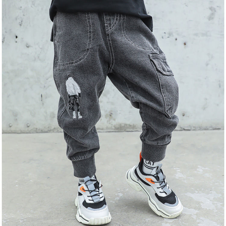 Boys' single pants jeans new school trend children's clothing elastic warm pants loose teen trousers autumn and winter