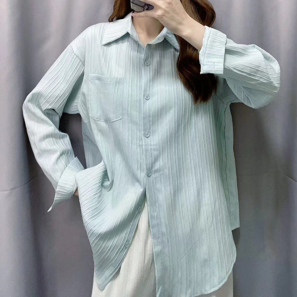 春夏薄款淡藍色防曬襯衫女設計感小眾襯衣開衫外套小個子外穿上衣