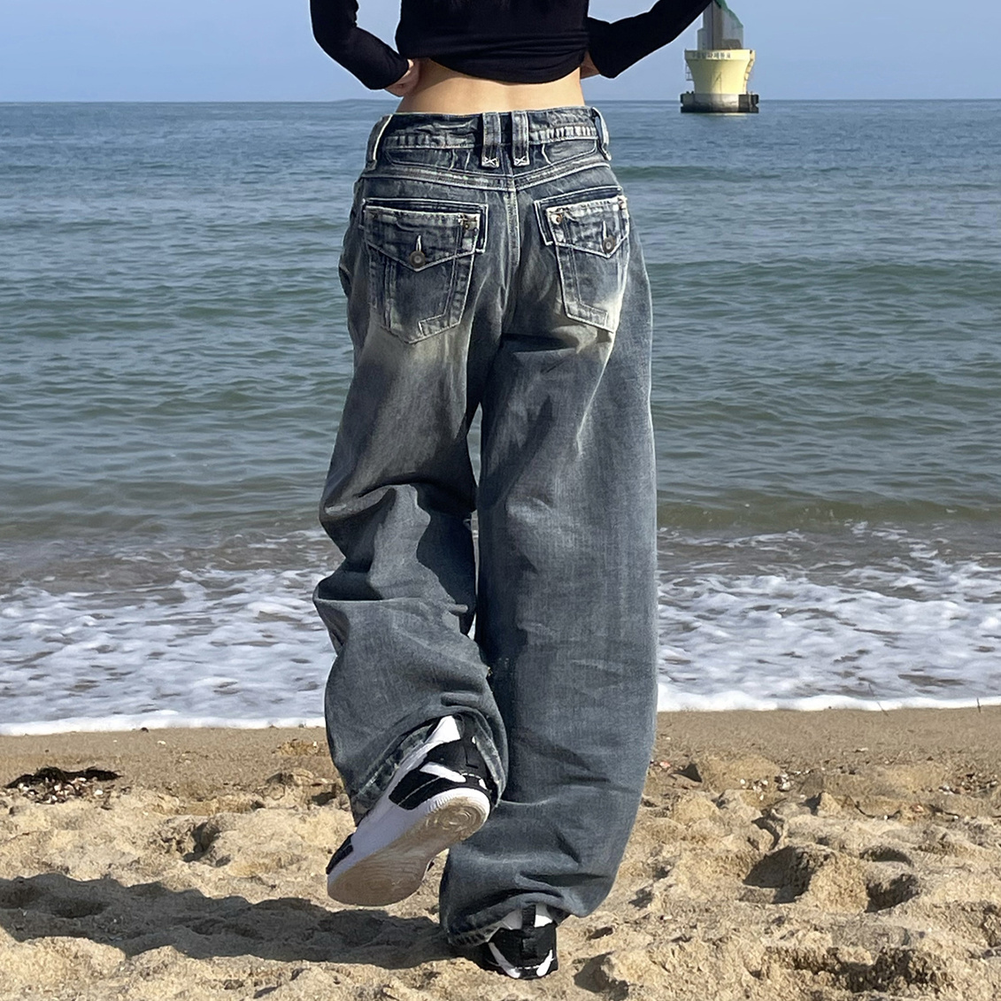 復古藍寬鬆闊腿牛仔褲女秋季2023新款做舊直筒褲歐美ins拖地長褲
