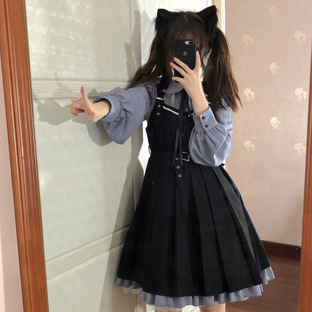 兩件套裝春秋學院風軟妹娃娃領連衣裙女+學生日系黑色背帶裙子潮