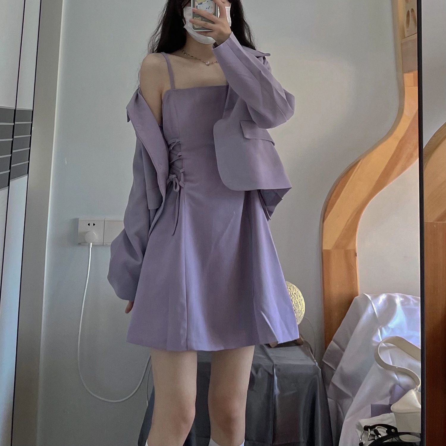 兩件套裝小香風春秋學院風紫色蝴蝶結西裝外套女吊帶連衣裙高級感