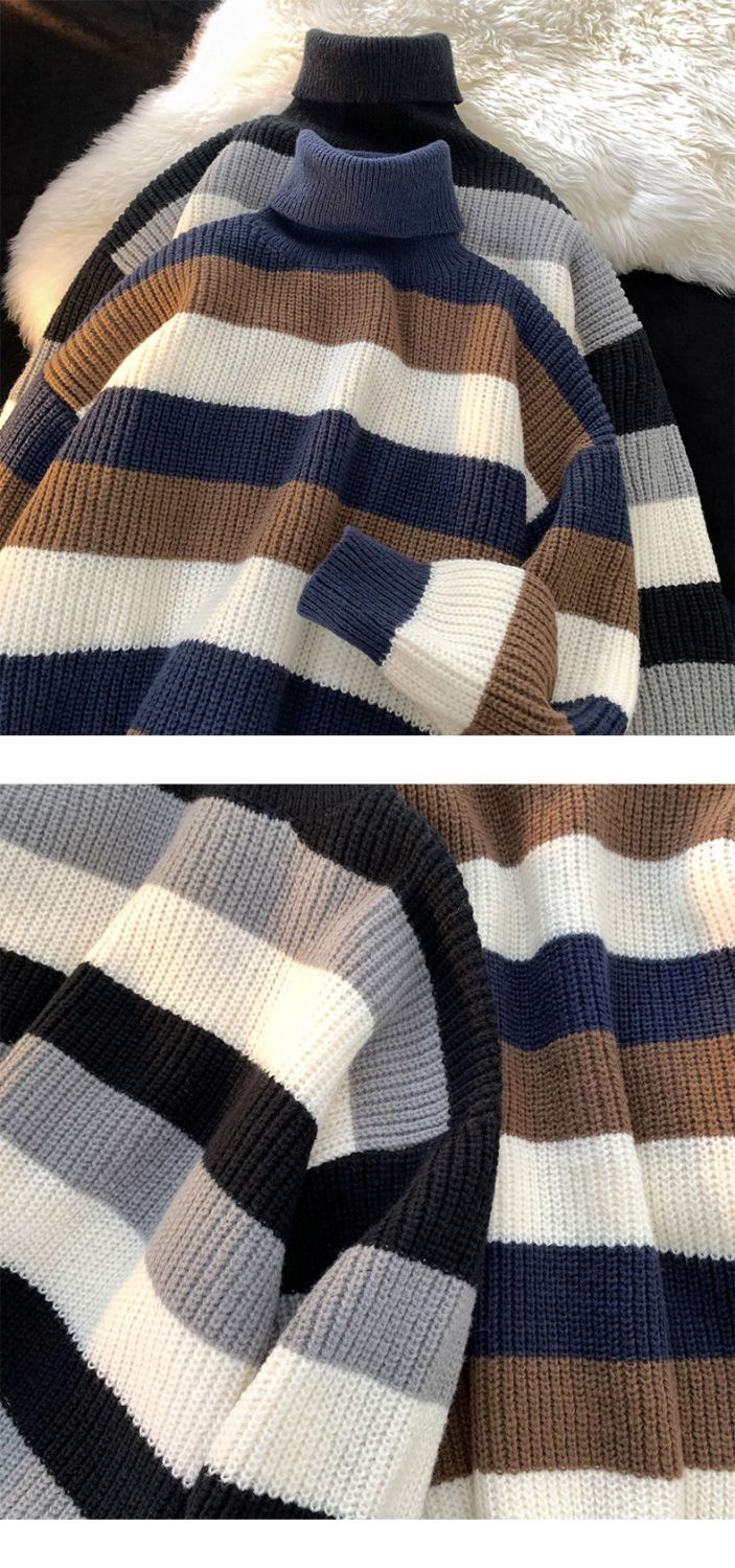 High-necked Contrasting Striped Sweater Men's Ins Trendy Retro Japanese Loose Autumn And Winter Knitted Sweater Teen Hong Kong Style Jacket_voghion.com