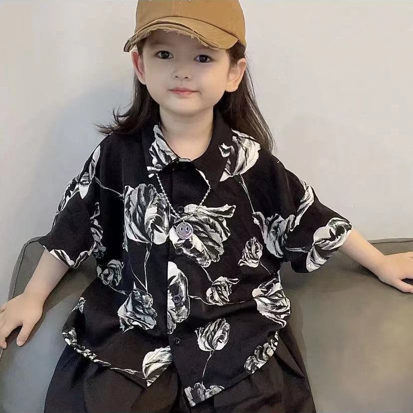 Korean children's clothing boys and girls suit 2023 new fashion flower shirt short-sleeved shorts two-piece set children's port trend
