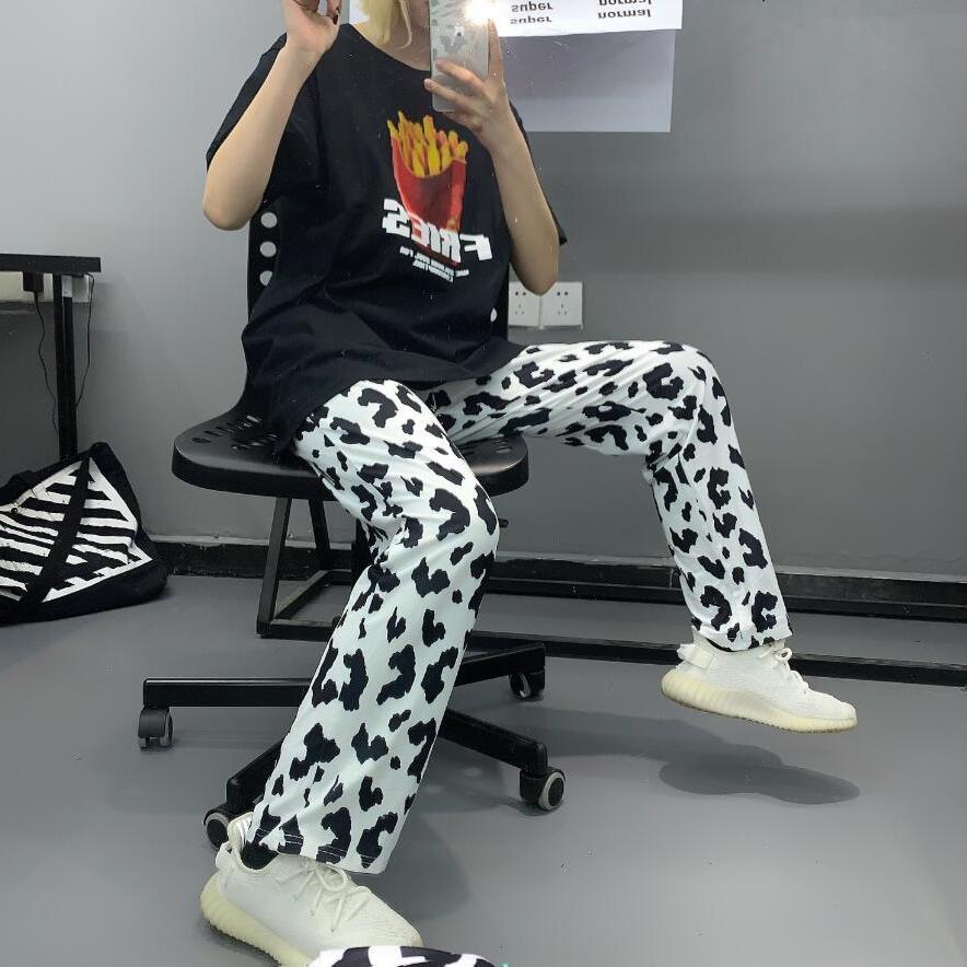 Autumn 2020 kuo'ai cow elastic waist casual pants straight Pants Black and white flowered cow pajamas female soft