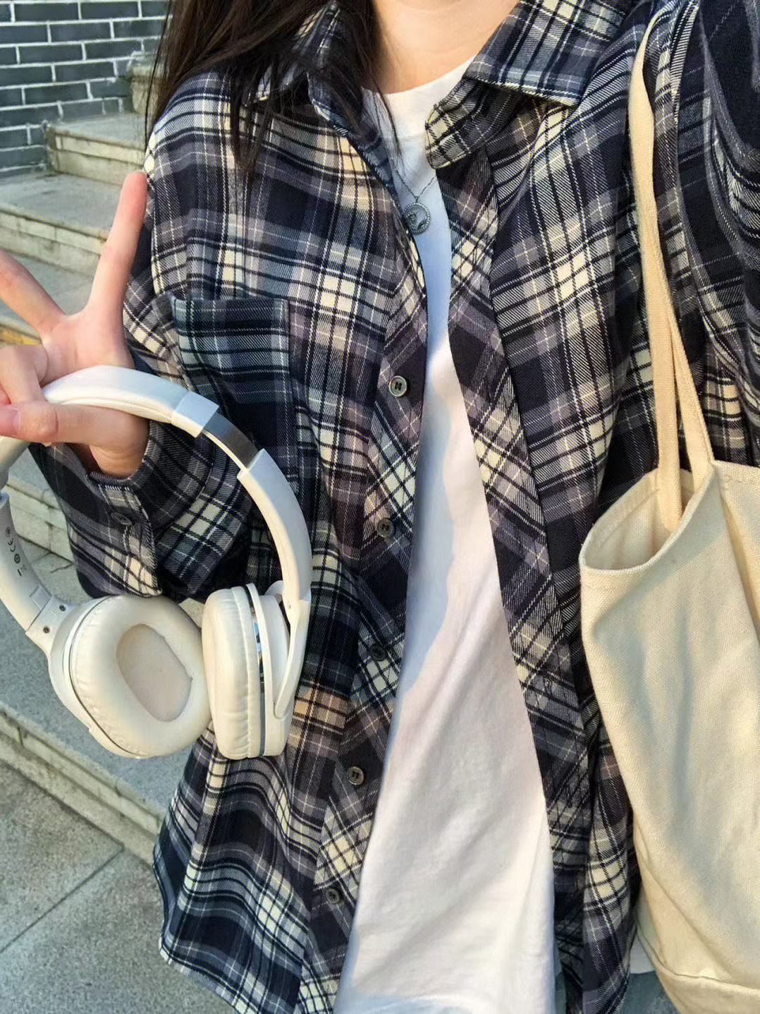 春秋季格子襯衫女復古港風學生上衣寬鬆百搭長袖襯衣中性情侶外套