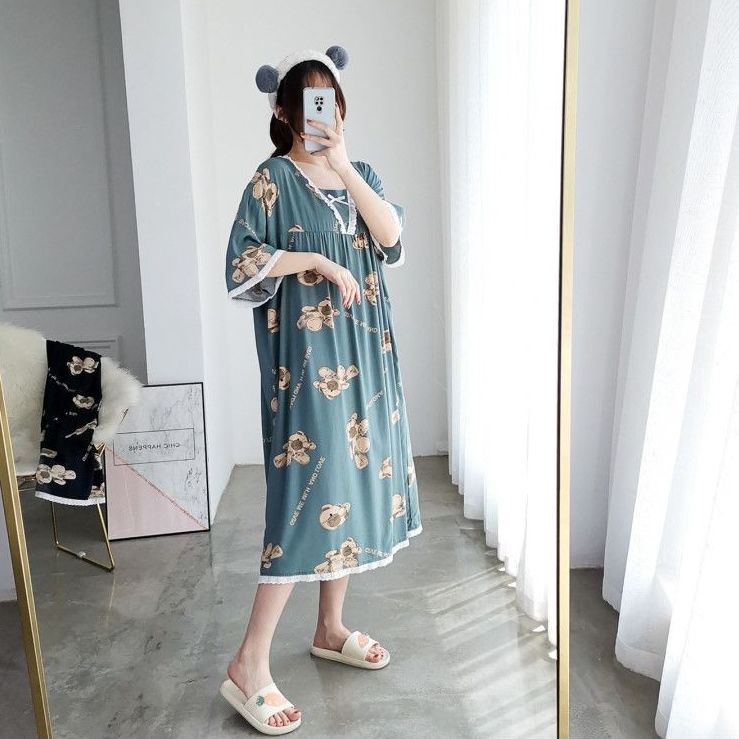 Large size nightdress fat mm2-300 catties long loose short-sleeved bear print can be worn outside pajamas home clothes women 260