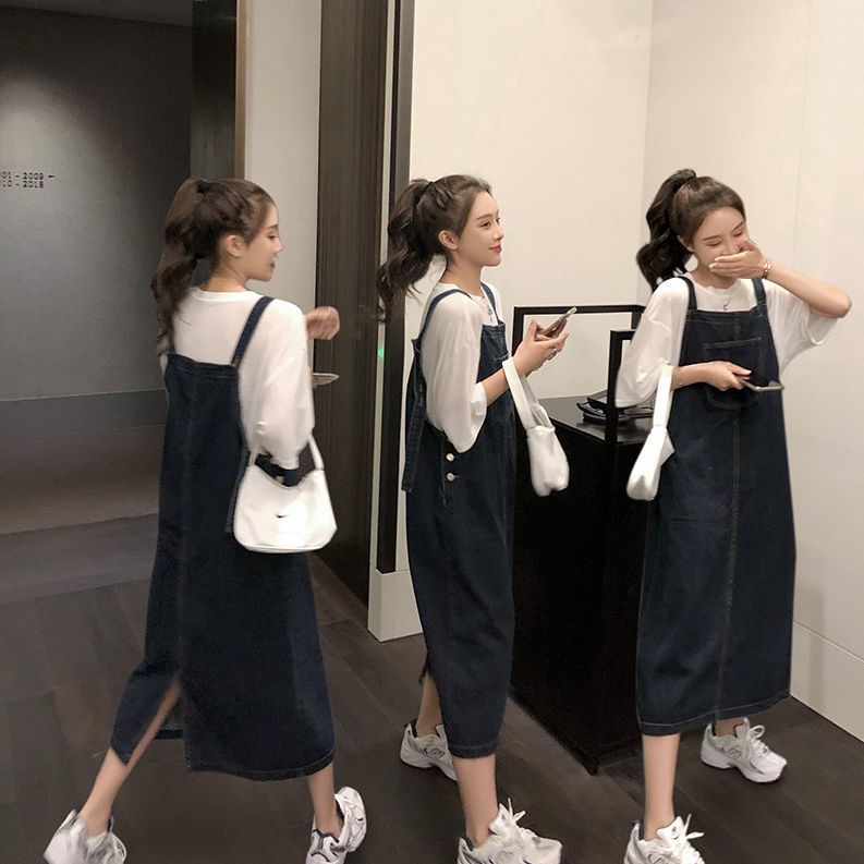 法式背帶裙女夏寬鬆薄款大碼牛仔連衣裙直筒小個子長款2022年新款