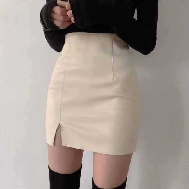 Black slit small leather skirt skirt new tight slimming high waist hip one step skirt PU leather short skirt for women autumn and winter