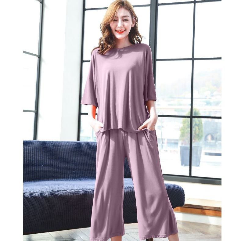 Modal pajamas women's spring and summer thin section short-sleeved cropped pants pure cotton large size two-piece spring and autumn home service suit